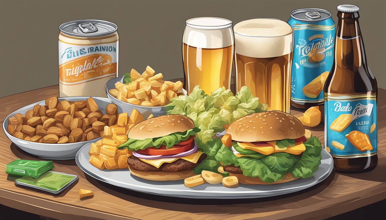 A table set with a variety of "light" foods and cans of light beer, with a focus on the contrast between the unhealthy nature of the foods and the misleading "light" label