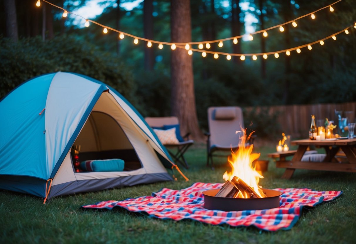 A cozy backyard campsite with a glowing fire, a tent, and a picnic blanket set up for a romantic birthday celebration