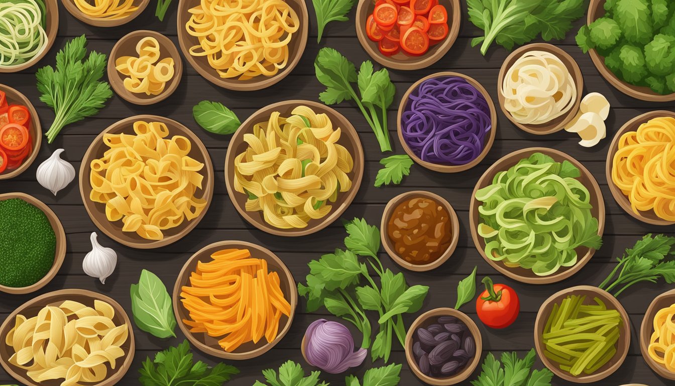 A colorful array of 12 veggie pastas displayed on a rustic wooden table, surrounded by fresh vegetables and herbs