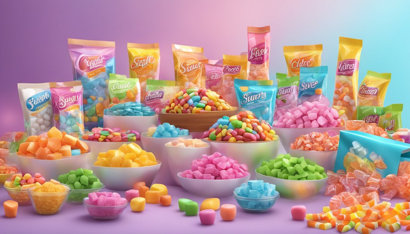 A colorful display of sugar-free candy and "light" foods arranged on a table, surrounded by bright packaging and labels