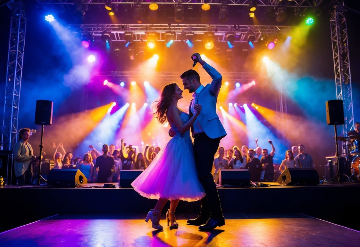 A couple dancing in front of a stage as colorful lights illuminate a live concert for a boyfriend's birthday celebration