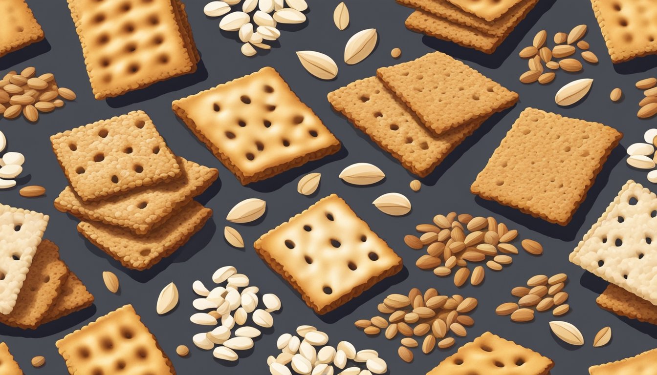 A variety of spelt crackers arranged on a wooden board, surrounded by scattered whole spelt grains and a few scattered seeds