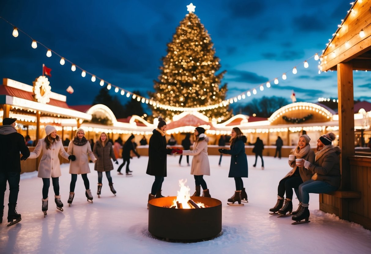 A festive amusement park with twinkling lights, a giant Christmas tree, couples ice skating, and enjoying hot cocoa by a cozy fire pit