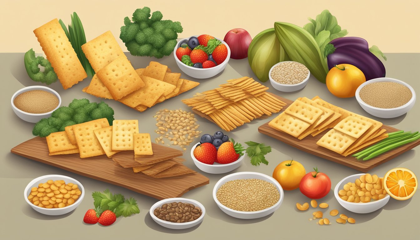 A variety of crackers arranged on a table, some with whole grains and seeds, others with a golden, crispy texture, all surrounded by fresh fruits and vegetables