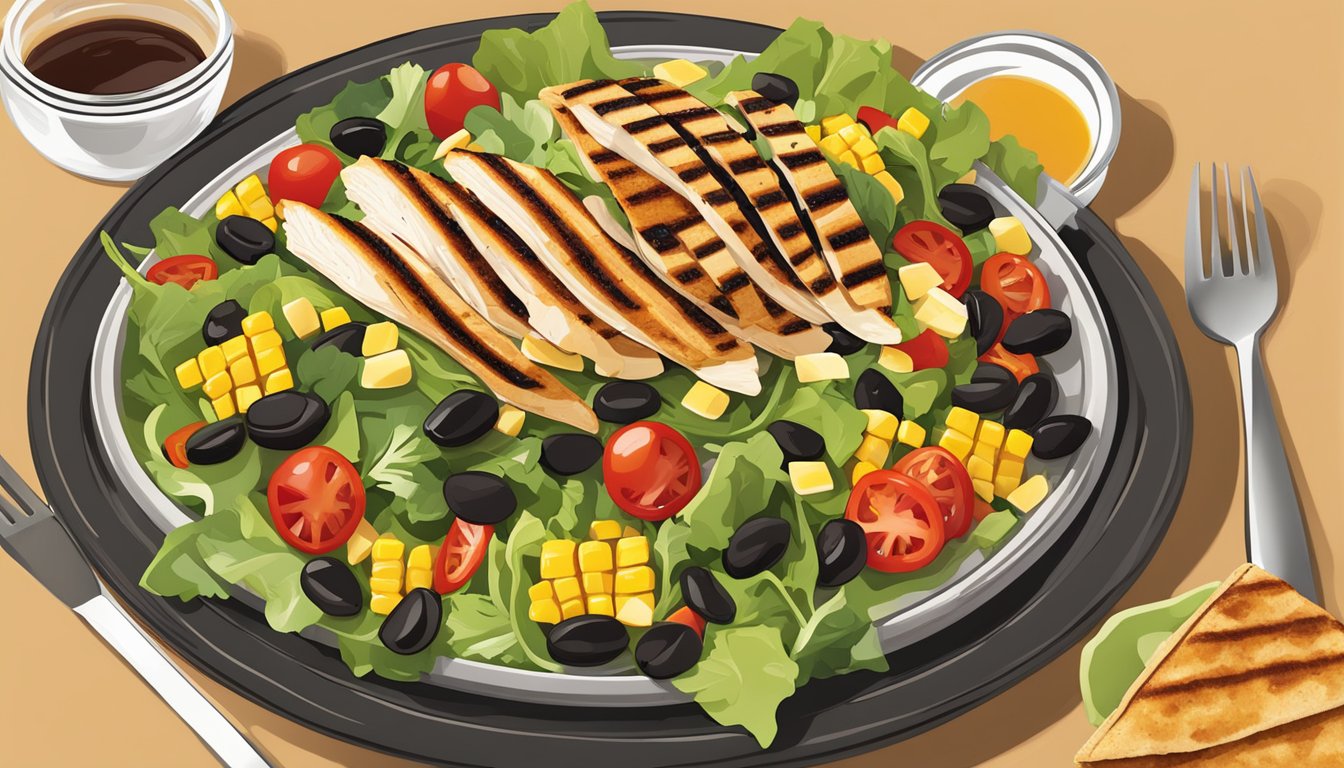 A colorful salad with grilled chicken, mixed greens, cherry tomatoes, corn, black beans, and crispy tortilla strips, topped with a tangy BBQ dressing