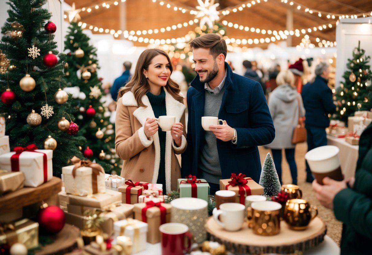 A cozy Christmas craft fair with couples browsing handmade gifts, sipping hot cocoa, and admiring festive decorations