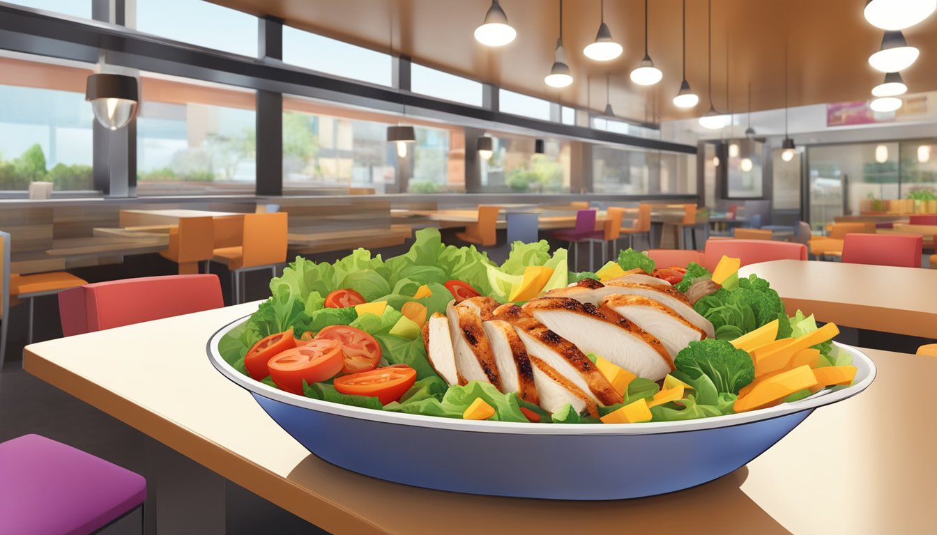 A colorful salad bowl filled with grilled chicken, fresh vegetables, and flavorful toppings, served in a modern fast food restaurant setting