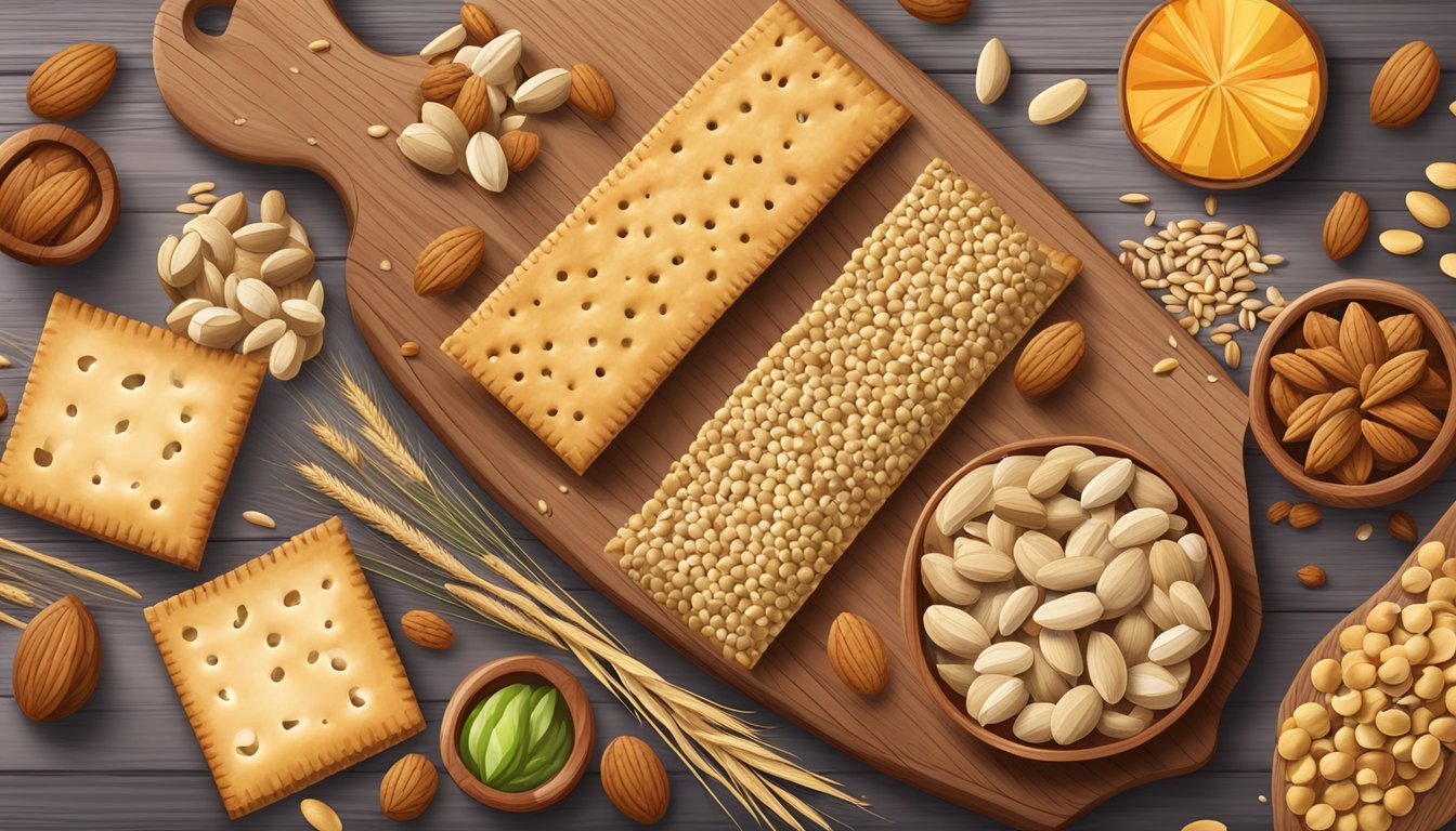 A variety of crackers displayed on a wooden cutting board, surrounded by scattered whole grains, seeds, and nuts