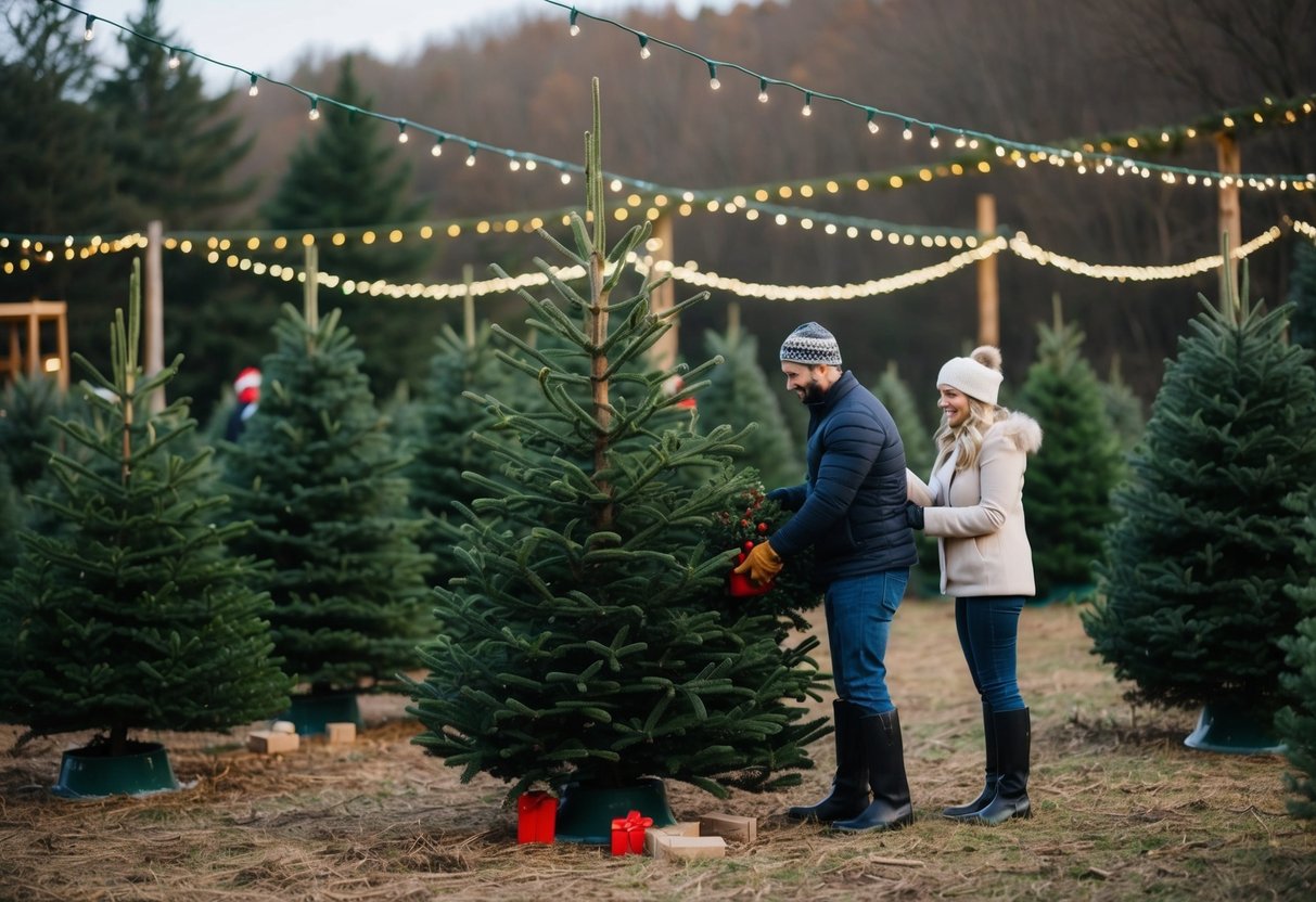 A cozy Christmas tree farm with couples selecting and cutting down their own tree, surrounded by twinkling lights and festive decorations