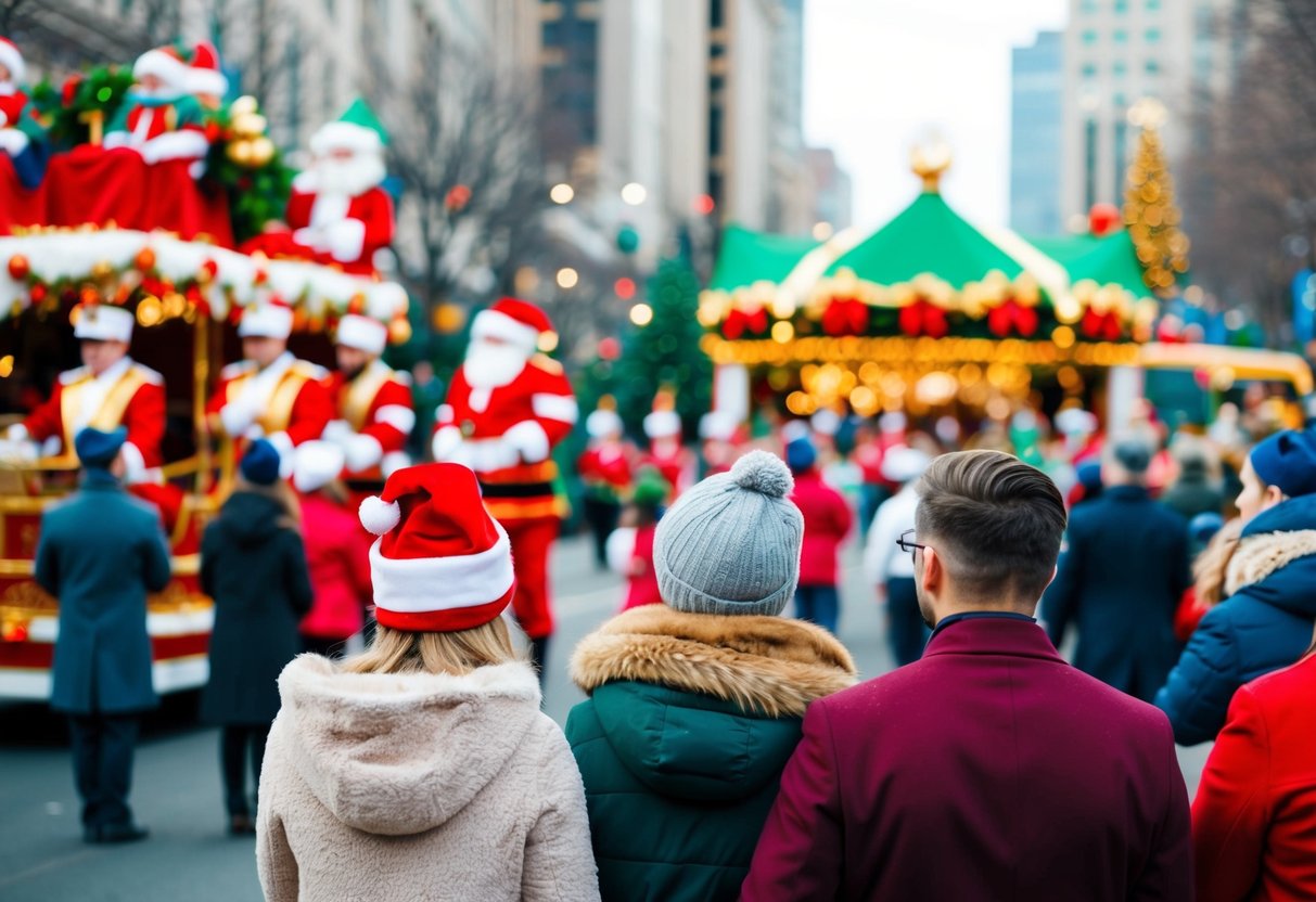 A Christmas parade with couples watching floats, marching bands, and festive decorations