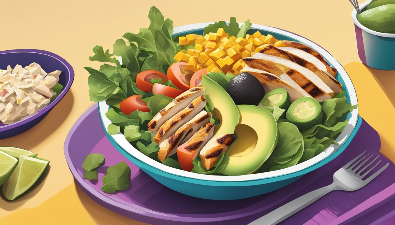 A vibrant salad bowl with fresh greens, sliced avocado, grilled chicken, and colorful southwest-inspired toppings, served in a modern fast-food setting