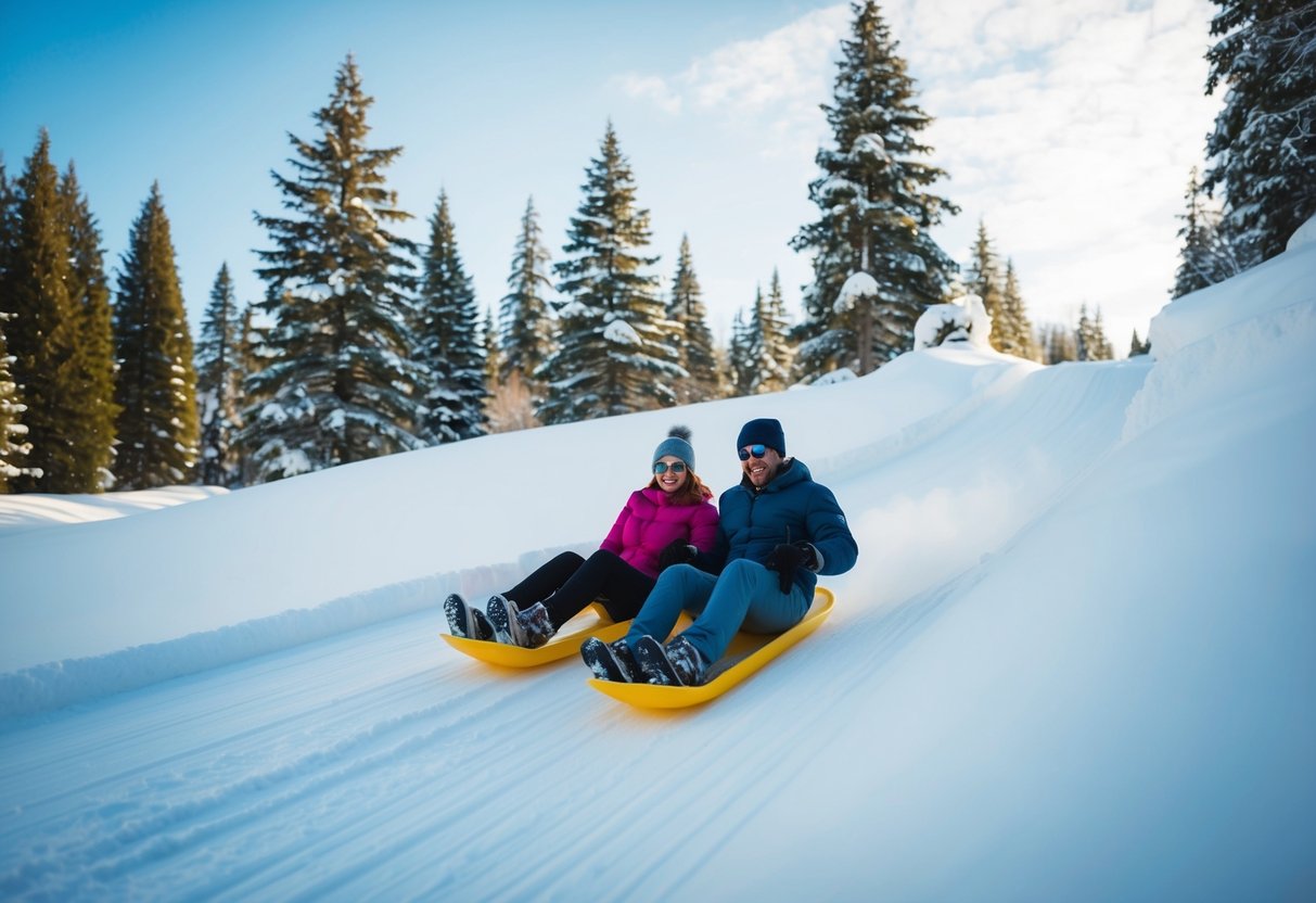 A couple sleds down a snowy hill, surrounded by trees and a clear blue sky on a winter day