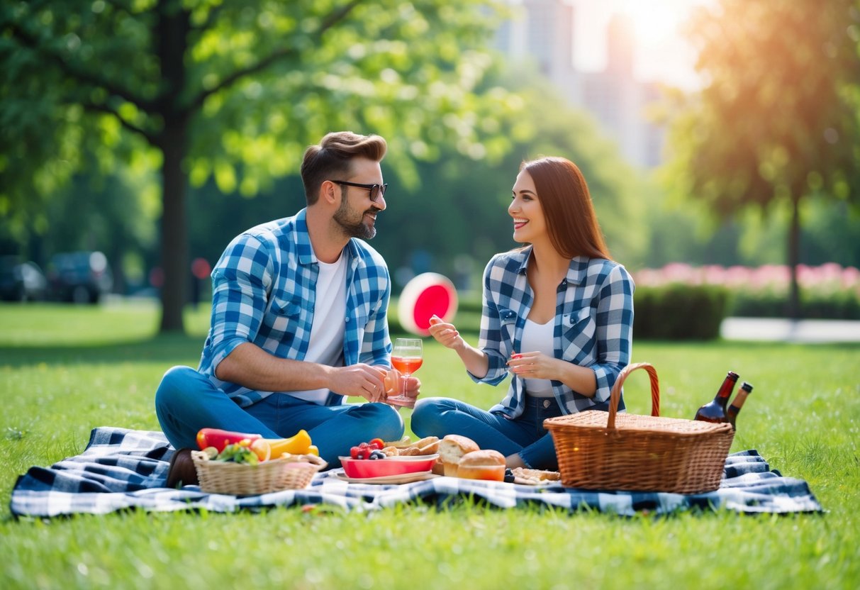 A couple picnicking in a grassy park, with a checkered blanket, basket of food, and a frisbee laying nearby. The sun is shining, and there are trees and flowers in the background