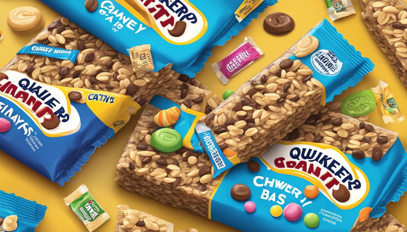 A pile of Quaker Oats Chewy Granola Bars surrounded by candy wrappers, with a large "Nutritious" label