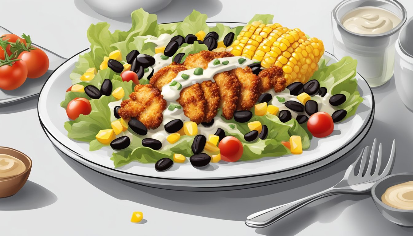 A colorful salad with crispy chicken, lettuce, tomatoes, corn, and black beans, topped with a creamy dressing, served on a white plate