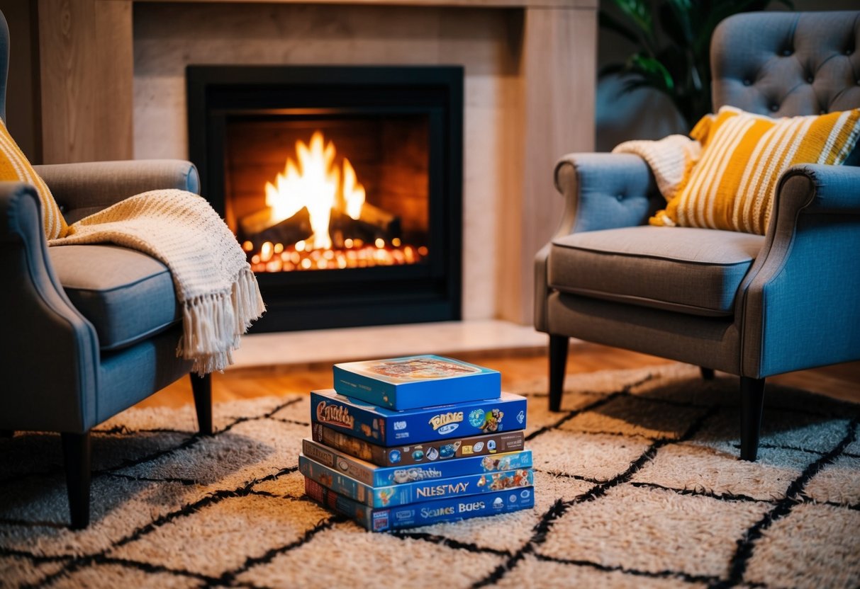 A crackling fireplace with two armchairs, a warm blanket, and a stack of board games on a cozy rug