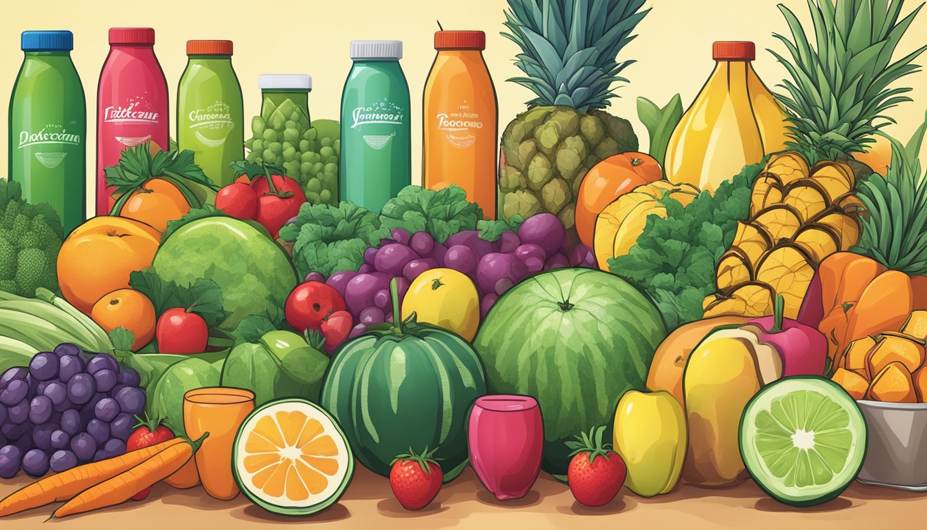 A colorful array of fresh fruits and vegetables, a juicer, and Tropicana juice bottles displayed with vibrant detoxifying imagery