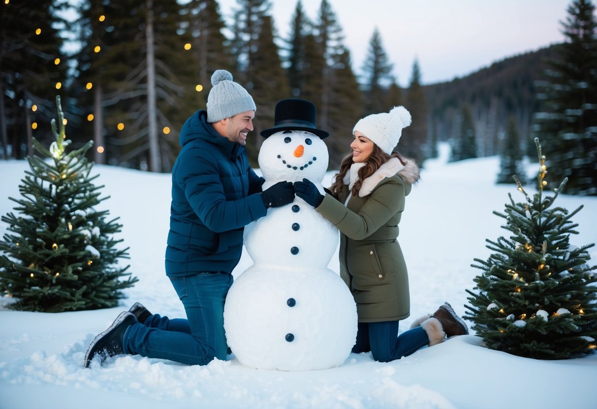 A couple builds a snowman together in a snowy landscape, surrounded by evergreen trees and twinkling Christmas lights