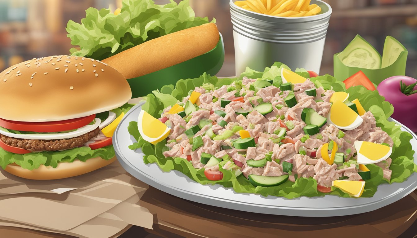 A Subway tuna salad surrounded by ingredients, with a burger in the background