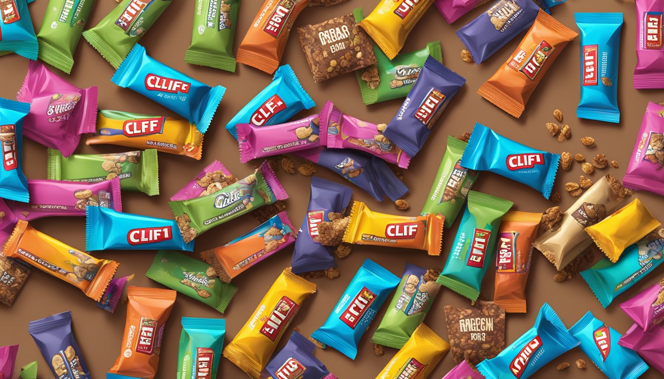 A pile of Clif Bar Energy Bars surrounded by colorful candy wrappers and scattered granola crumbs