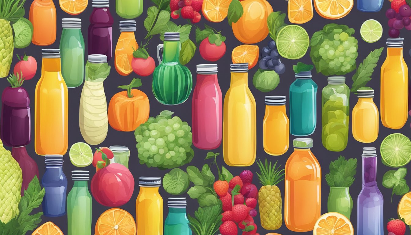 A row of colorful juice bottles with vibrant fruit and vegetable illustrations, surrounded by fresh produce and a clean, minimalist backdrop