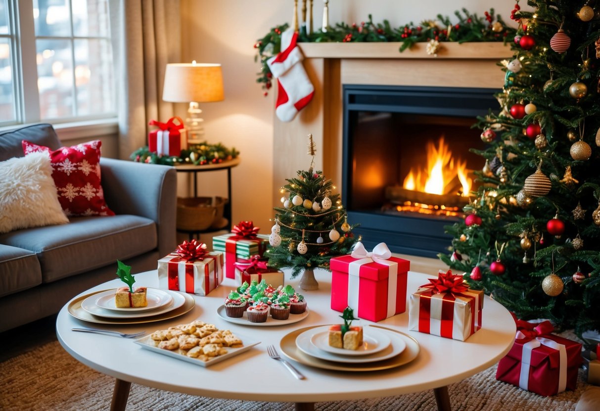 A cozy living room with a crackling fireplace, a beautifully decorated Christmas tree, and a table set with festive treats and wrapped gifts for a Secret Santa gift exchange