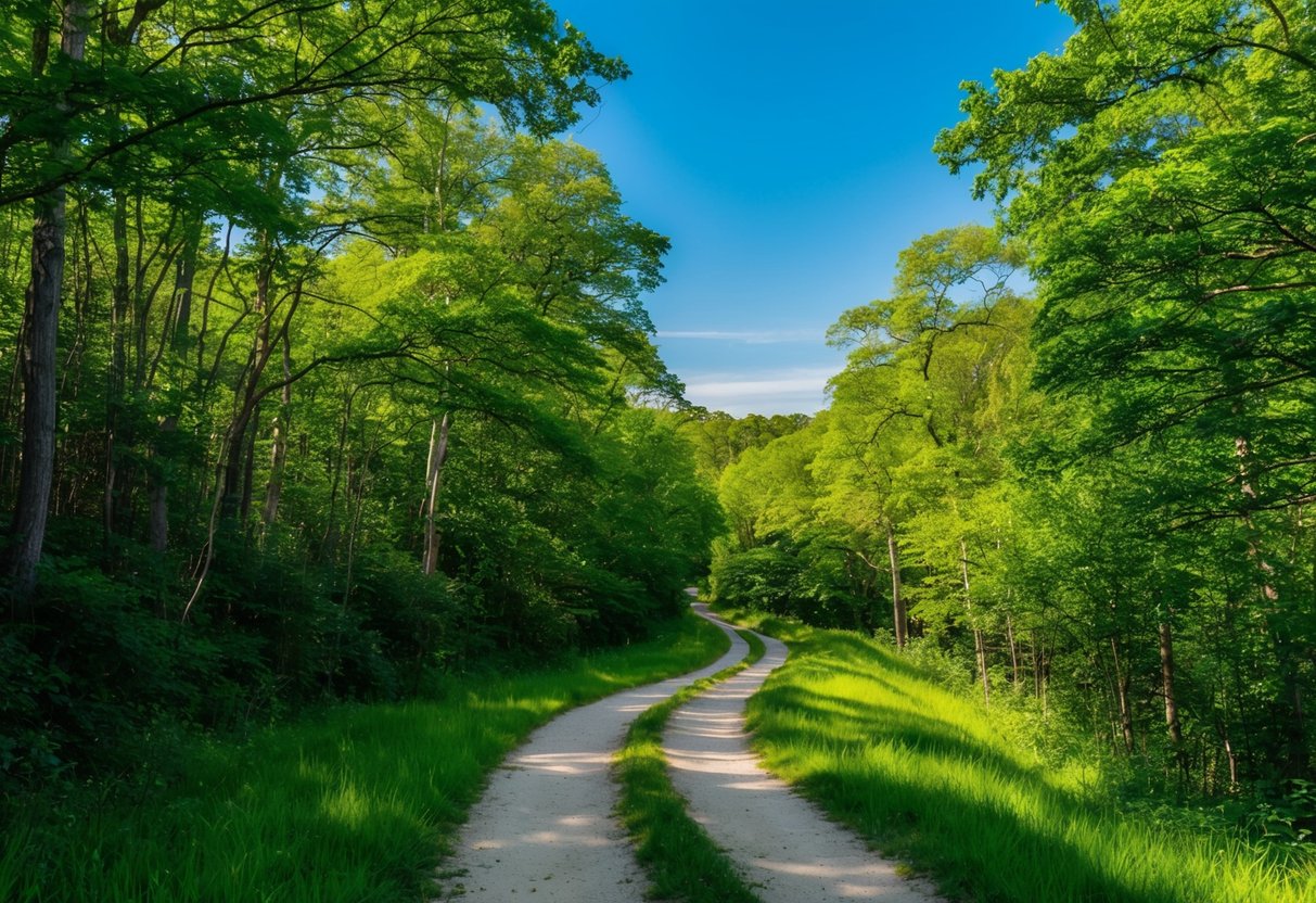 A winding trail through lush green forest, dappled sunlight filtering through the trees, with a clear blue sky overhead