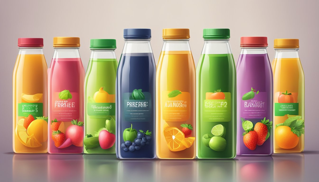 A row of colorful juice bottles with vibrant labels, surrounded by fresh fruits and vegetables, set against a clean, modern backdrop