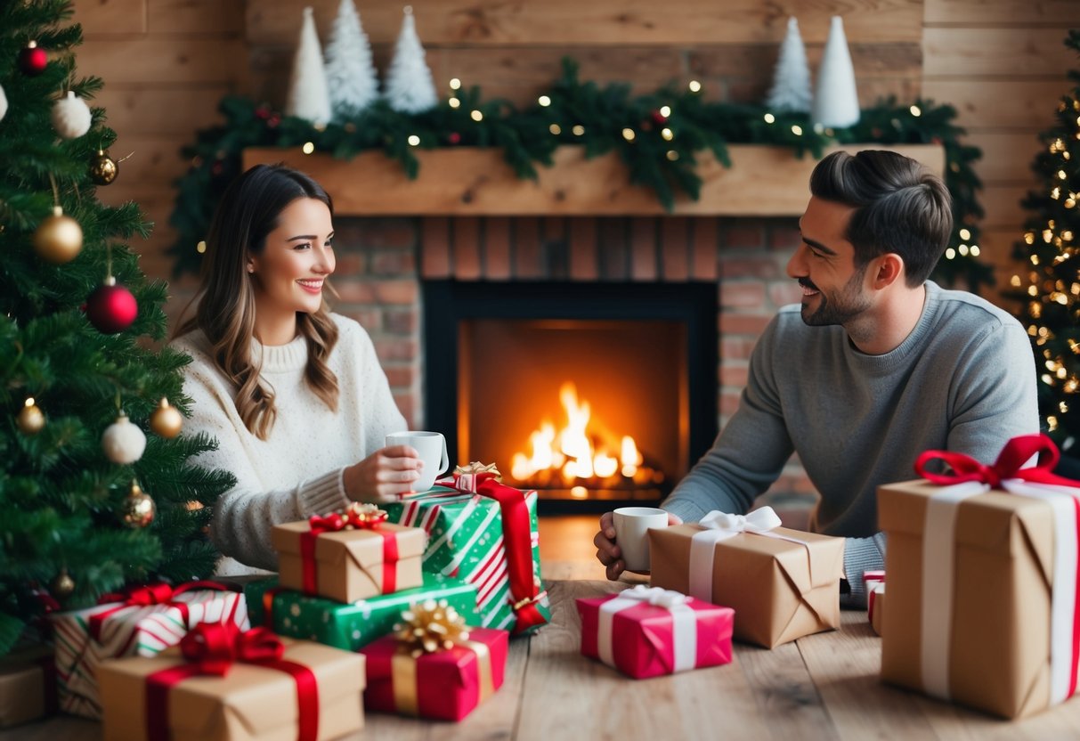 A cozy shelter scene with a couple decorating a Christmas tree, wrapping gifts, and sharing hot cocoa by a crackling fireplace