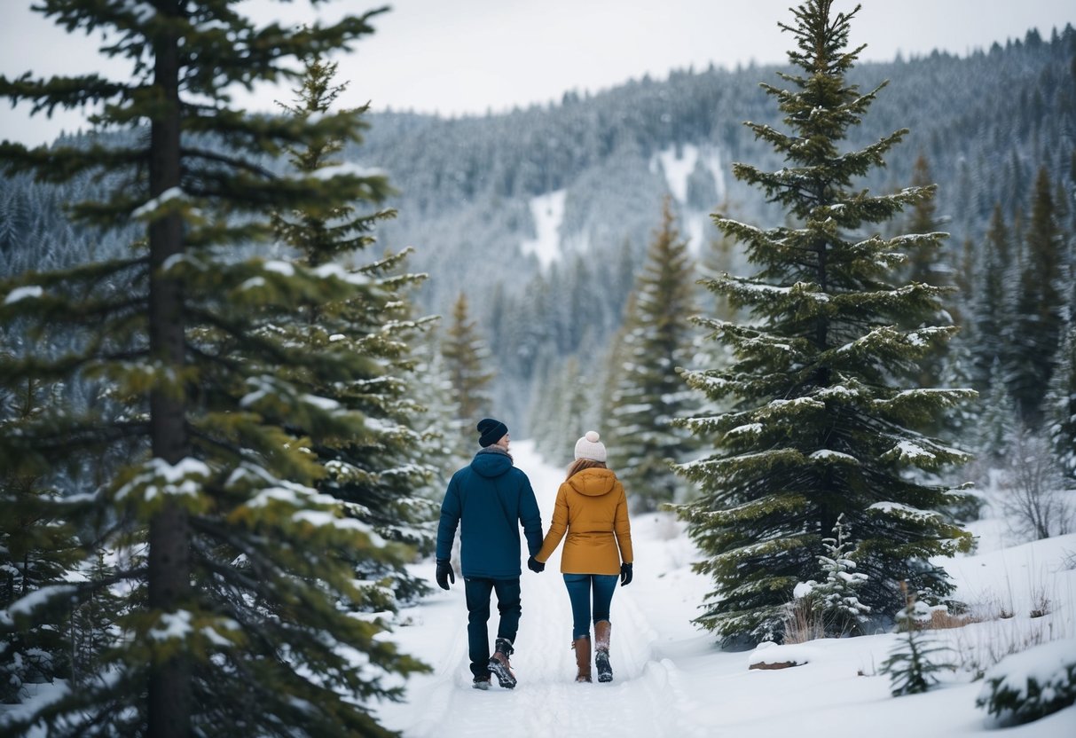 A couple hikes through a snowy forest, surrounded by pine trees and a dusting of snow. They hold hands and enjoy the peaceful winter landscape