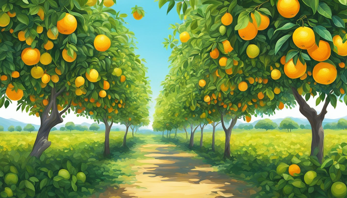 A vibrant citrus orchard with ripe fruit hanging from the trees, surrounded by lush green foliage and a clear blue sky above