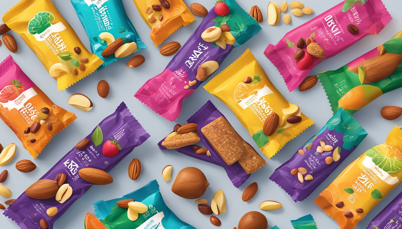 A colorful display of LÄRABAR Fruit & Nut Bars with vibrant packaging and a variety of fruits and nuts scattered around