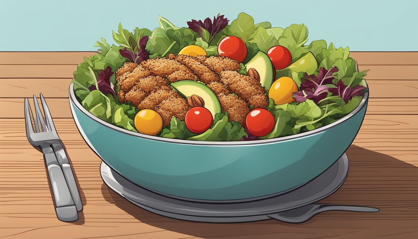 A colorful salad with pecan-crusted chicken, mixed greens, cherry tomatoes, and avocado, served in a modern bowl on a wooden table