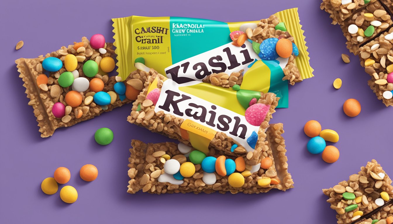 A pile of colorful Kashi Chewy Granola Bars surrounded by scattered candy wrappers and a nutrition label with exaggerated claims