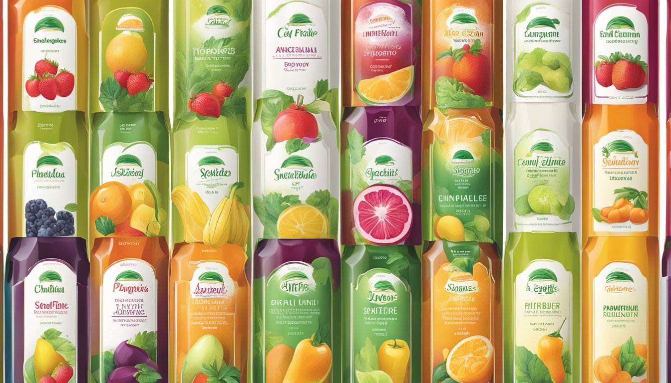 A colorful array of fruit and vegetable juices, each labeled with vibrant, eye-catching packaging