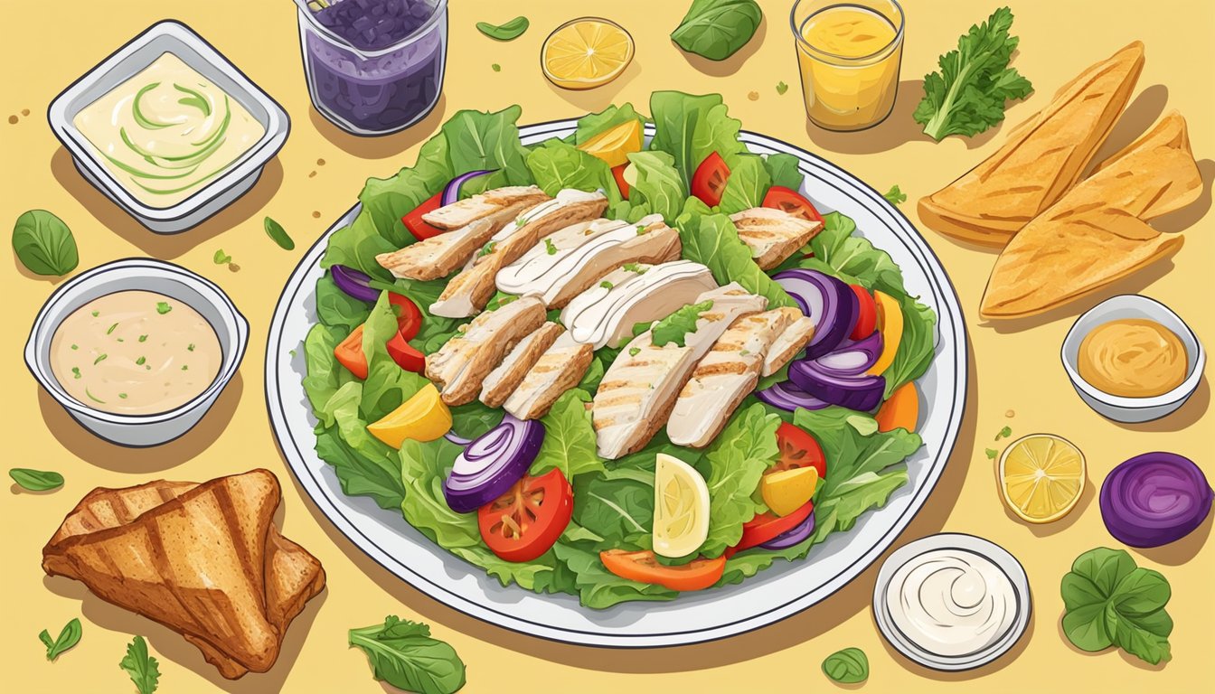 A colorful Caesar salad with grilled chicken, surrounded by vibrant vegetables and topped with a generous portion of creamy dressing