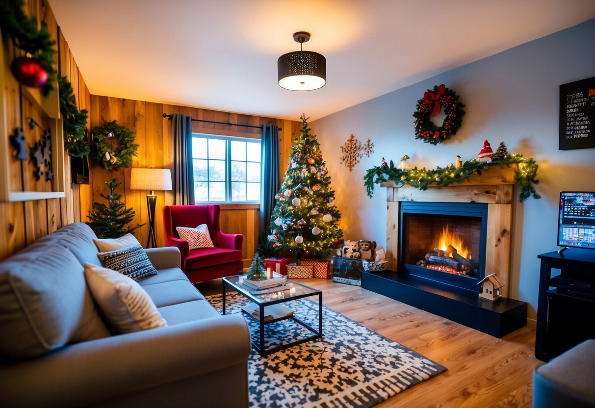 A cozy holiday-themed escape room with festive decorations, puzzles, and a crackling fireplace