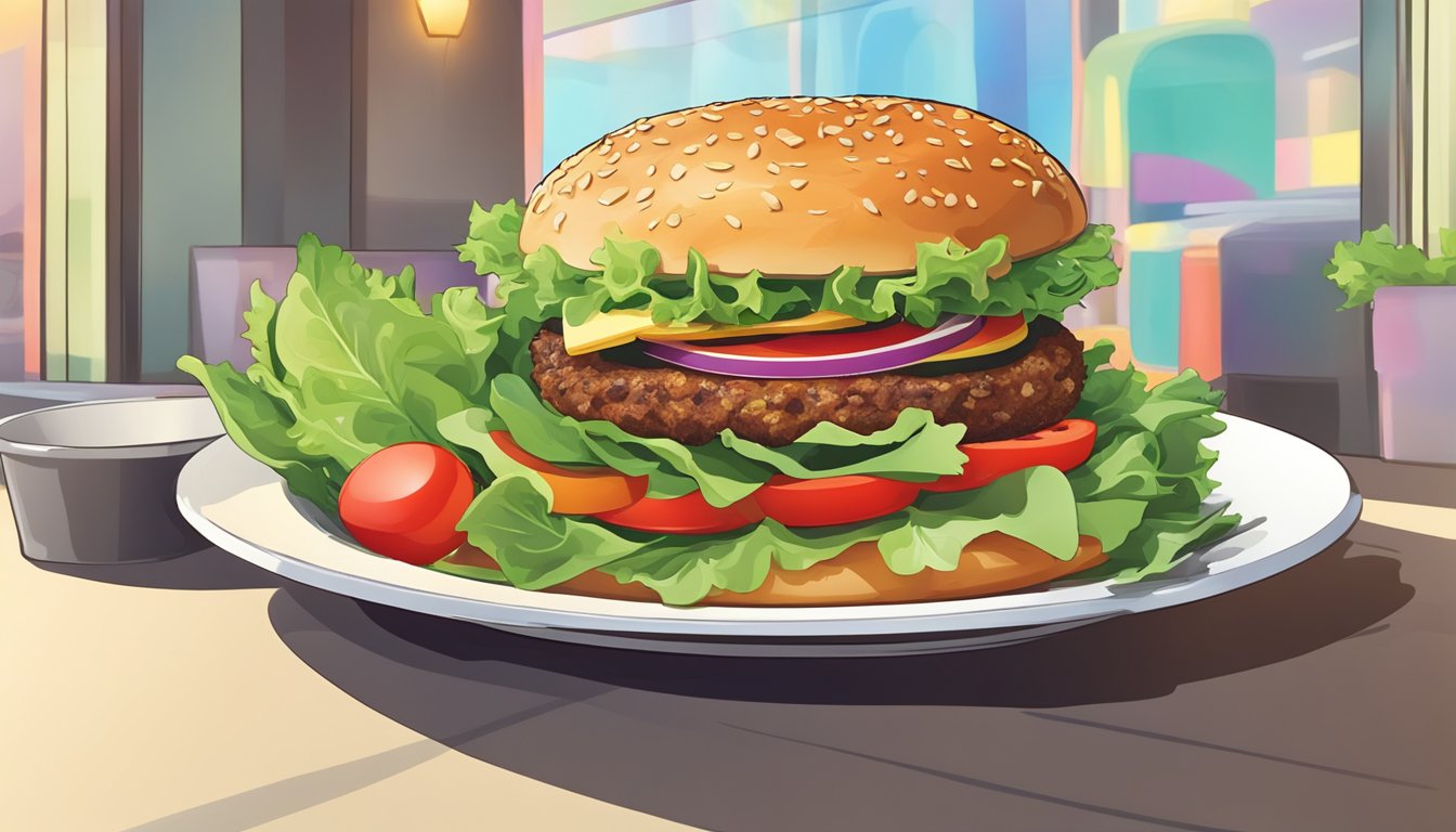 A colorful salad with fresh lettuce, tomatoes, cucumbers, and a veggie burger patty, served in a fast-food restaurant setting