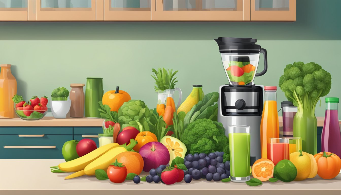 A colorful array of fresh fruits and vegetables arranged on a kitchen counter, with a juicer and various glass bottles ready to be filled with vibrant detoxifying juices