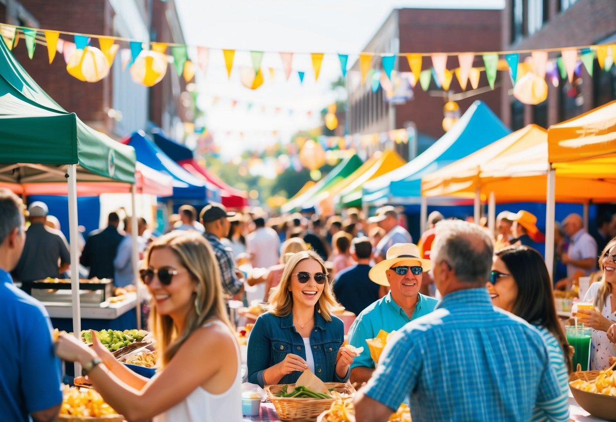 A bustling local food festival with colorful tents, food vendors, and excited attendees enjoying the warm summer day