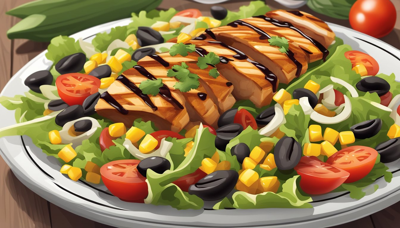 A colorful salad bowl with chopped lettuce, grilled chicken, black beans, corn, tomatoes, and BBQ sauce drizzled on top, served on a white plate