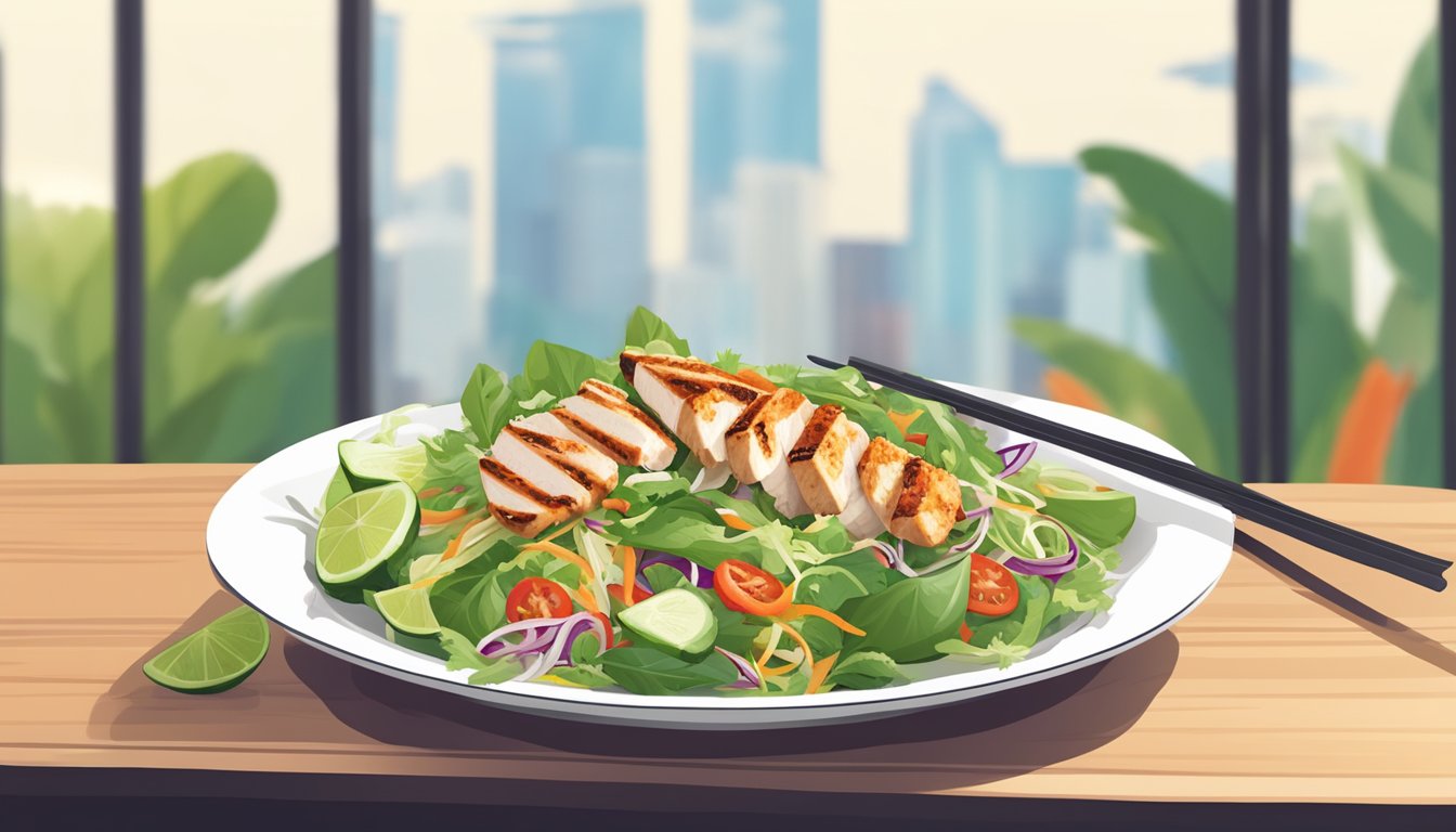 A colorful Thai chicken salad with fresh vegetables and grilled chicken, served in a modern and trendy fast-casual restaurant setting