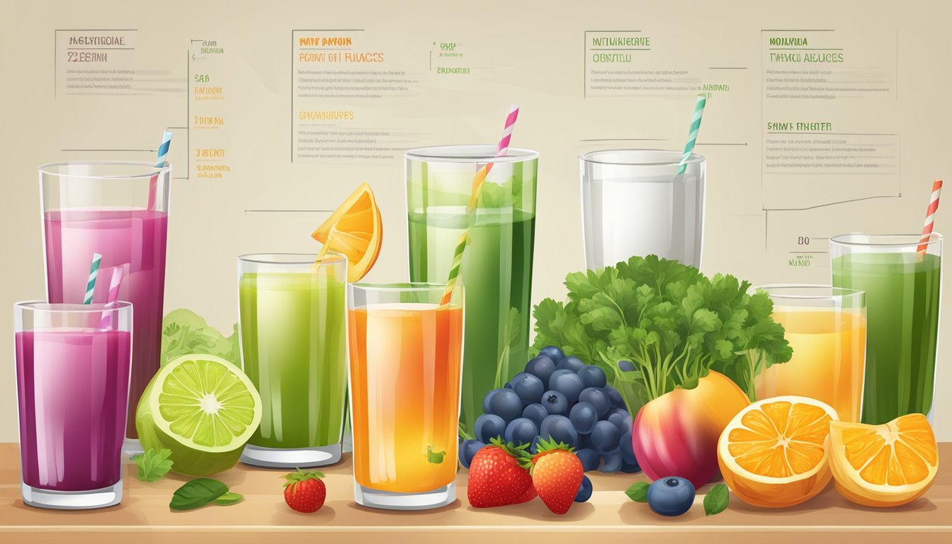 A table with seven glasses of colorful juice, each labeled with a different fruit or vegetable, surrounded by fresh produce and a nutritional analysis chart