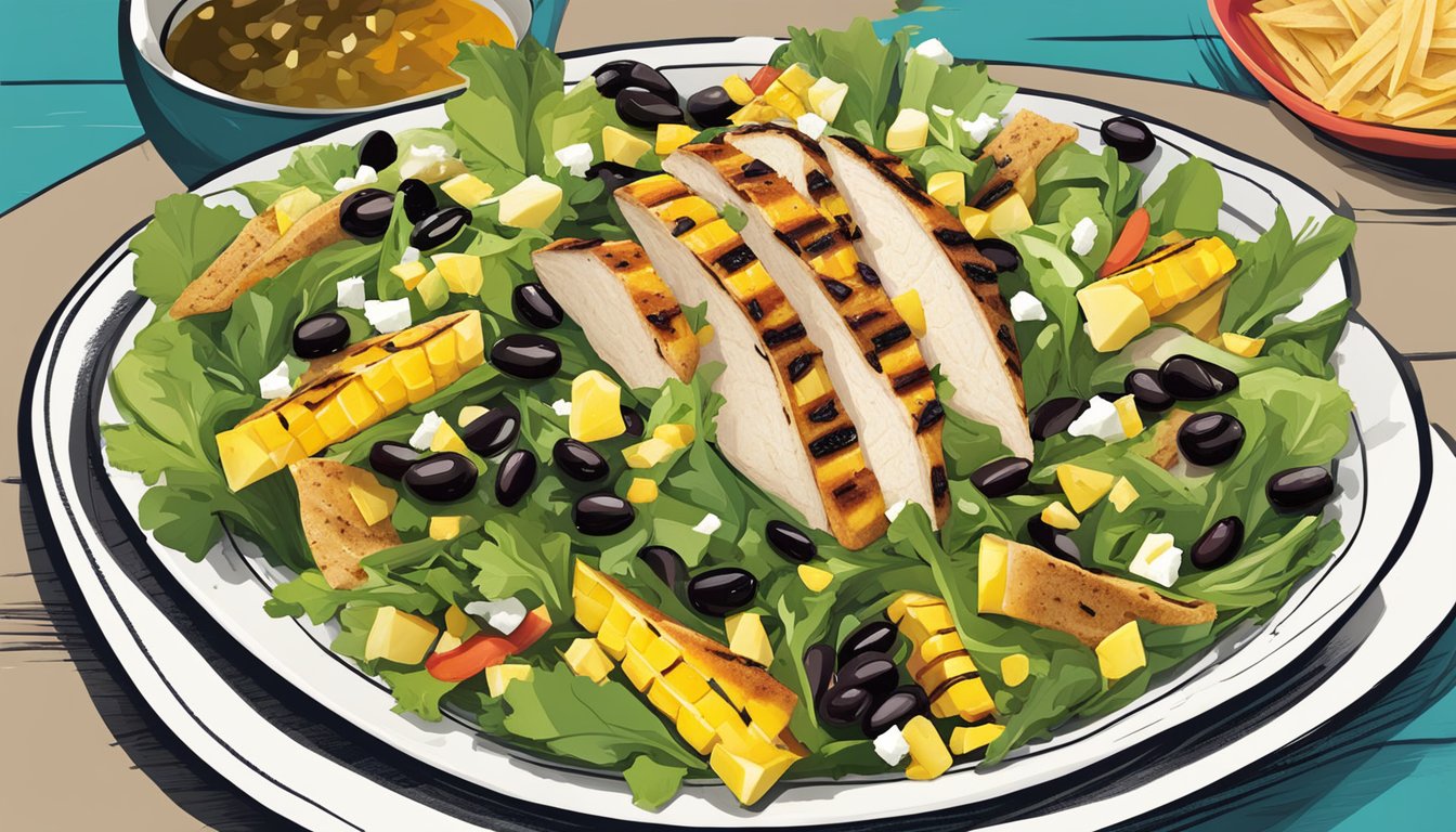 A colorful salad with mixed greens, grilled chicken, pineapple, black beans, corn, and crunchy tortilla strips, topped with a tangy Caribbean dressing