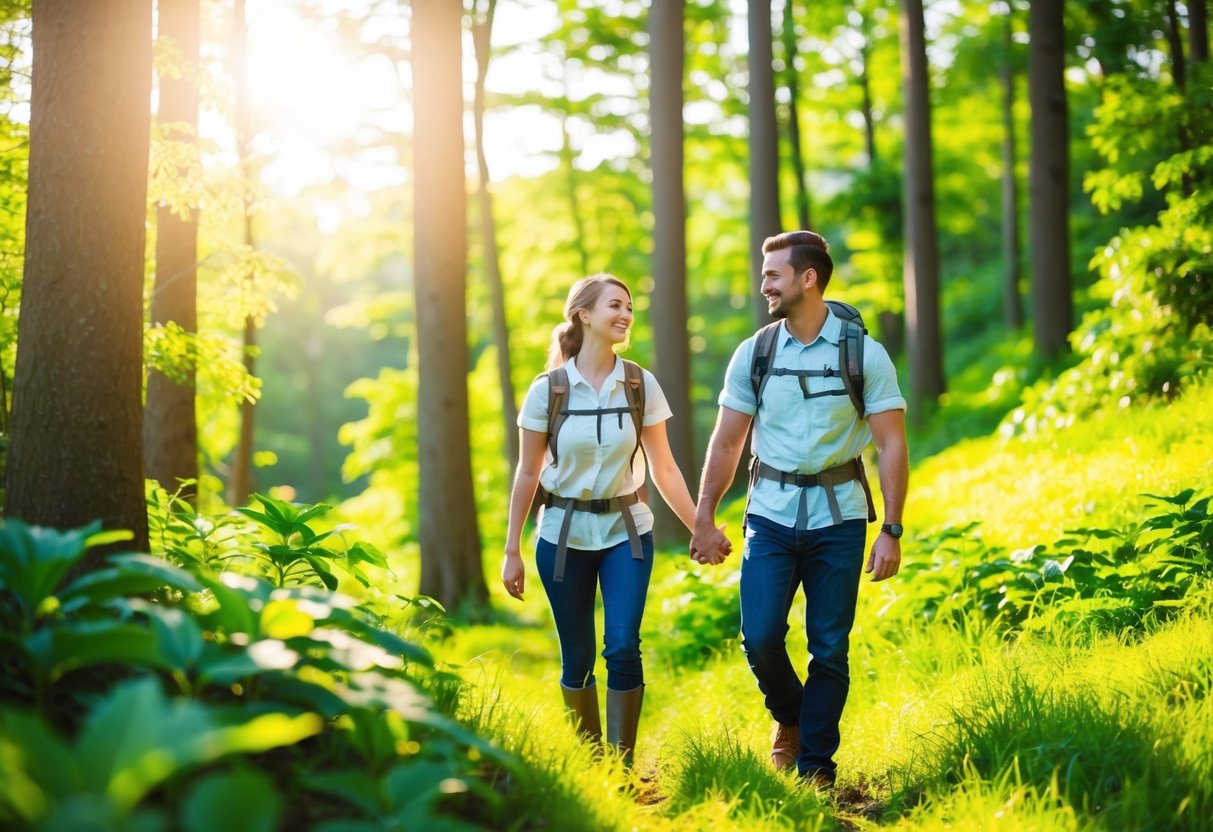 A couple hiking through a lush forest, surrounded by vibrant greenery and sunlight filtering through the trees. They are smiling and holding hands as they explore the natural beauty around them