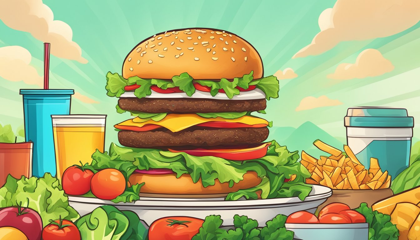 A fast food salad with vibrant, fresh ingredients towering over a burger, showcasing its deceptive calorie content