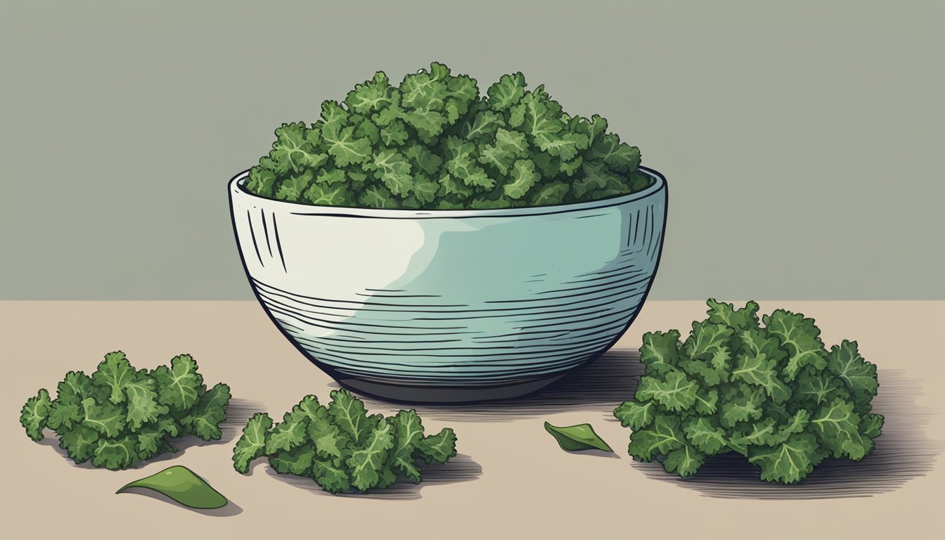 A bowl of kale chips next to a bowl of potato chips, with a disappointed facial expression