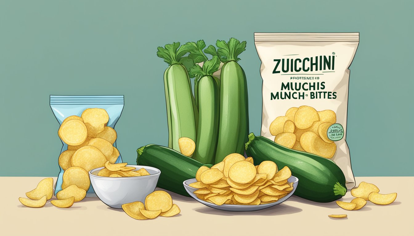 A bowl of zucchini munch bites next to a bag of potato chips