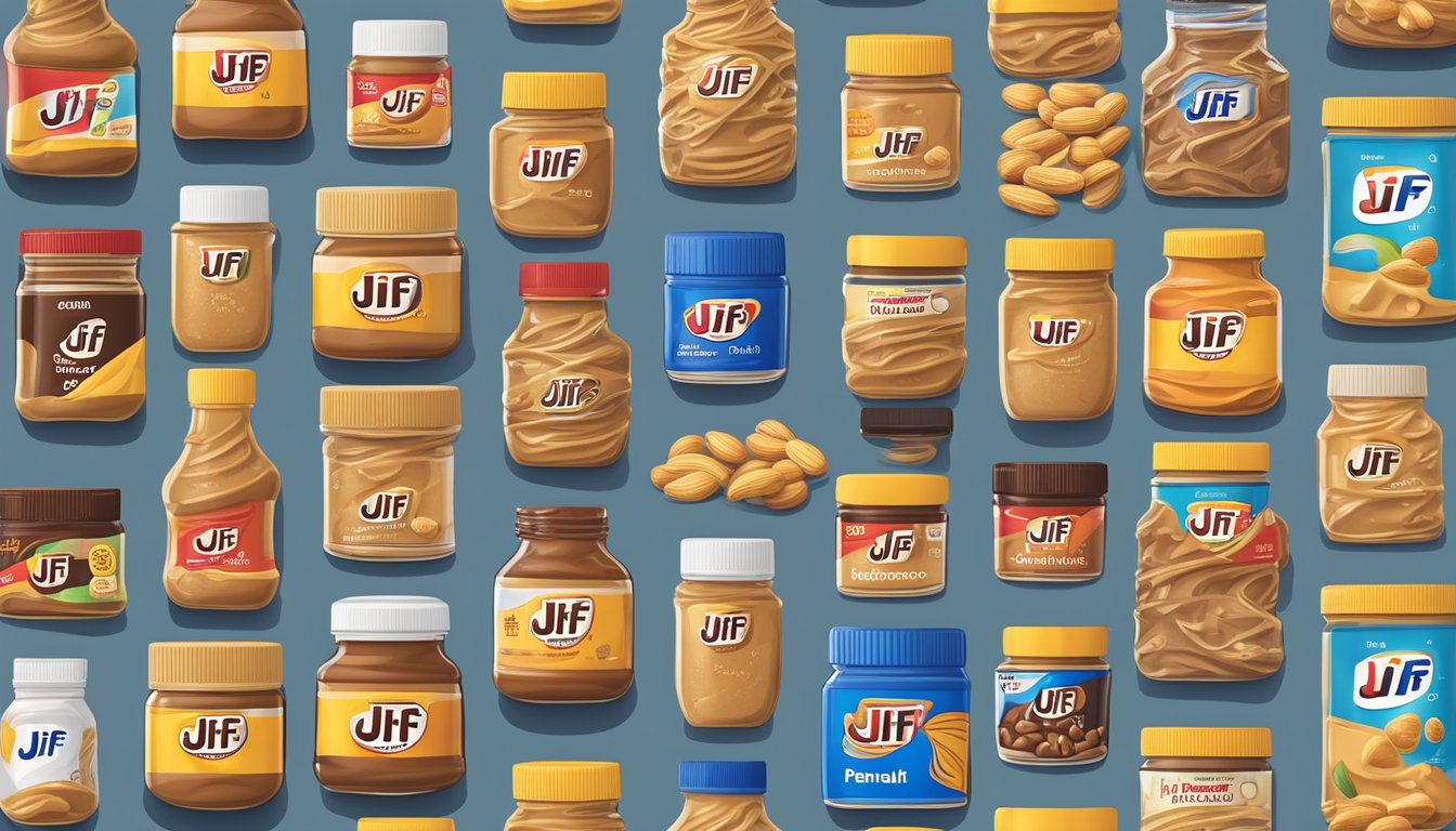 A jar of Jif Natural Peanut Butter with a drizzle of honey on top, surrounded by other peanut butter brands with added sugars