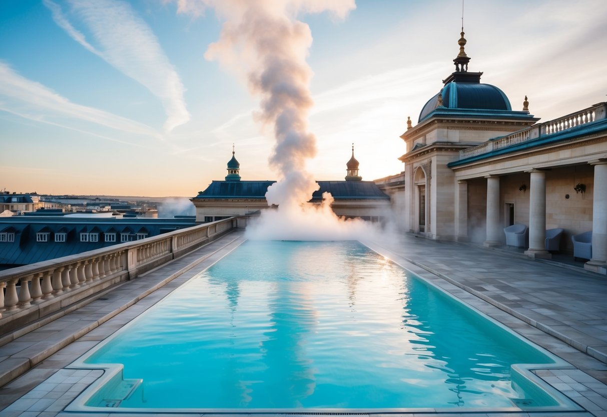 The Thermae Bath Spa features a rooftop pool with steam rising from the warm, mineral-rich waters. The historic architecture surrounds the tranquil setting